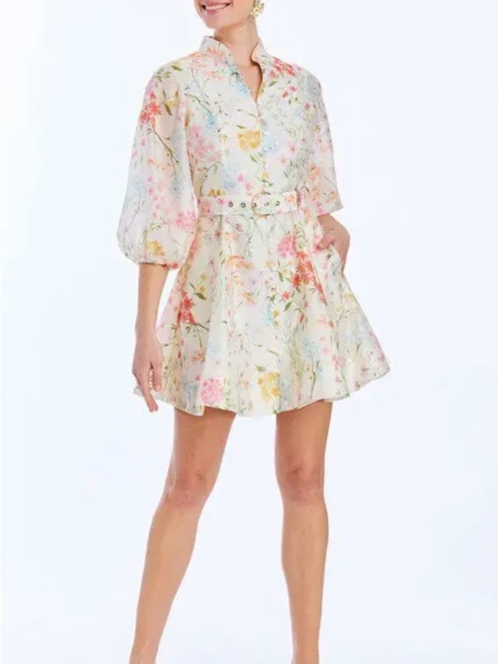 Mestiza Floral Belted Fit-and-Flare Dress — Cream Garden Print